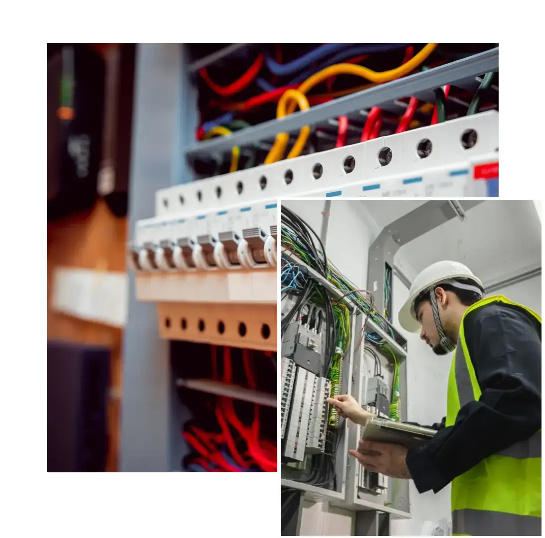 A man working in an electrical room next to wires.