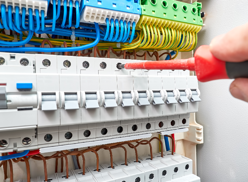 A person is working on an electrical panel.